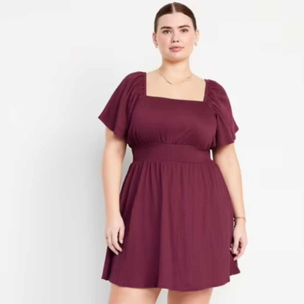 Old Navy Plum Burgundy Smocked Waist Puff Sleeve Mini Cottagecore Dress